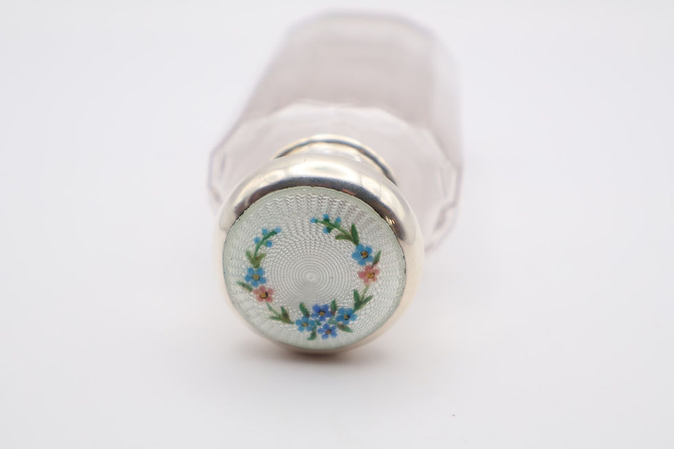 Thumbnail: Antique Silver Floral Guilloche Enamel Topped Glass Jar Birmingham 1927