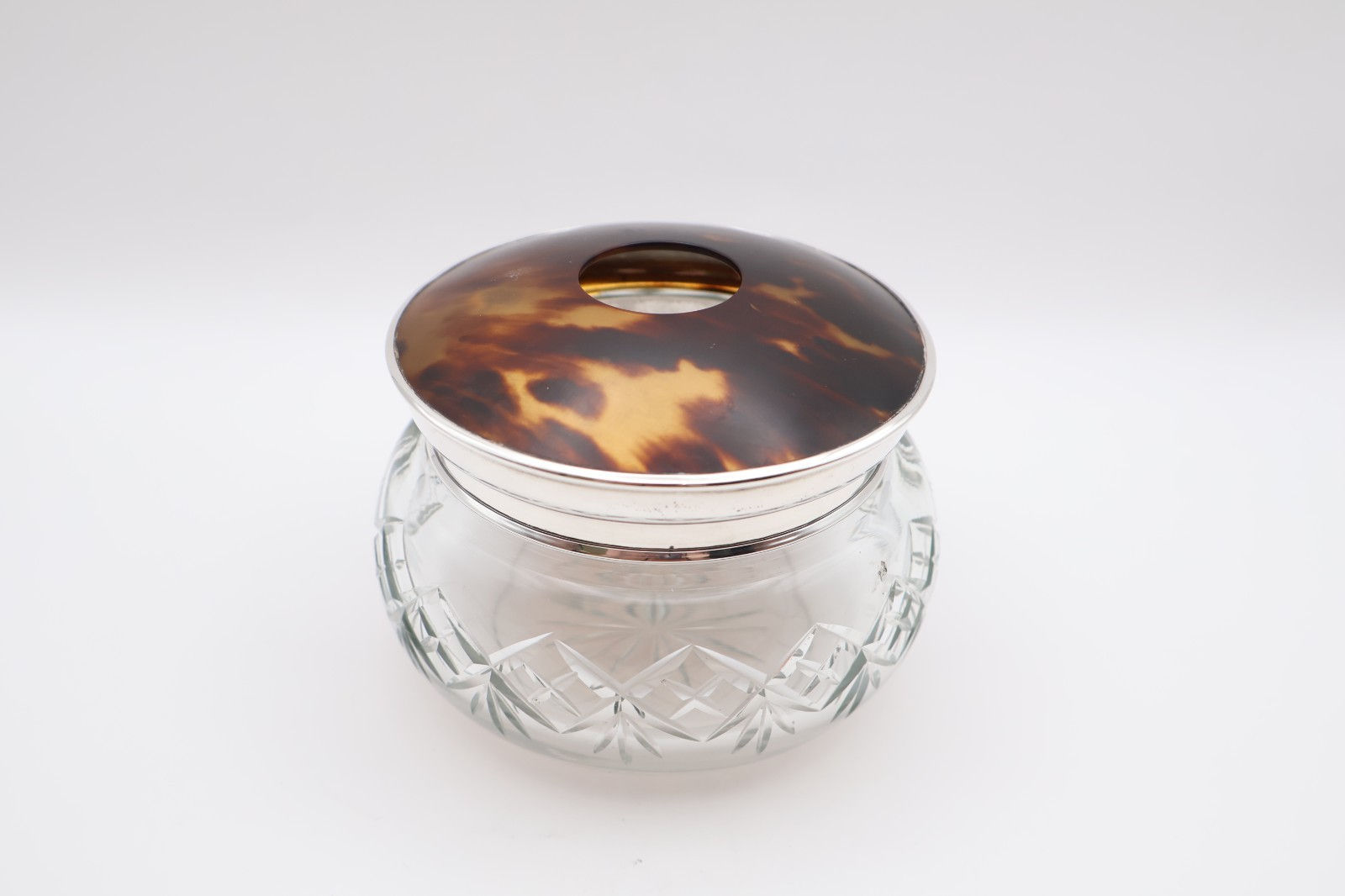 Antique Silver & Faux Tortoiseshell Dressing Table Glass Jar Birmingham 1921