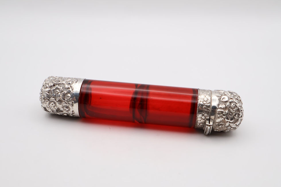 Thumbnail: Antique Victorian Silver Topped Double Ended Cranberry Glass Scent Bottle