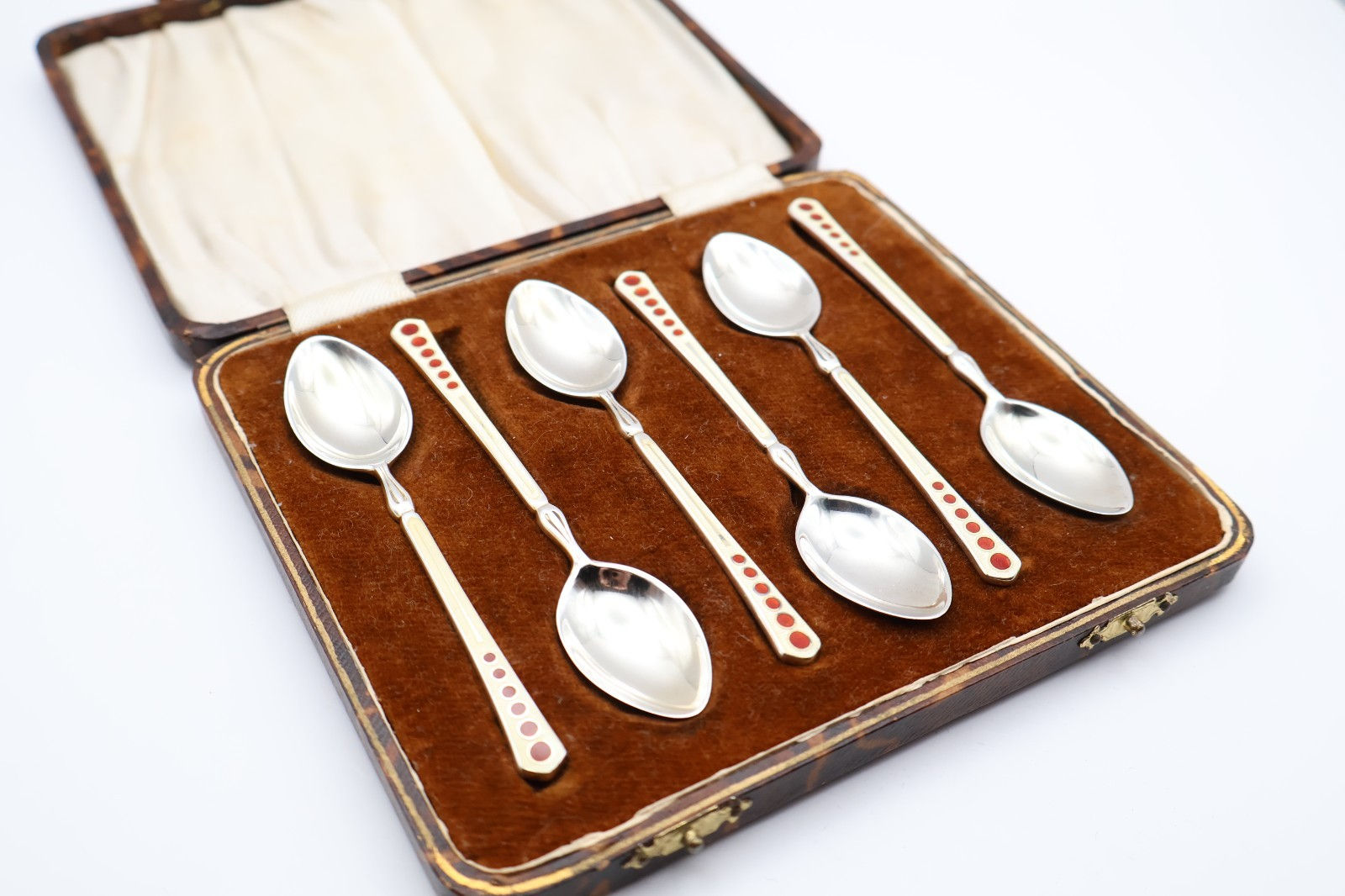 Lovely Vintage Boxed Sterling Silver Guilloche Enamel Spoons Birmingham 1957