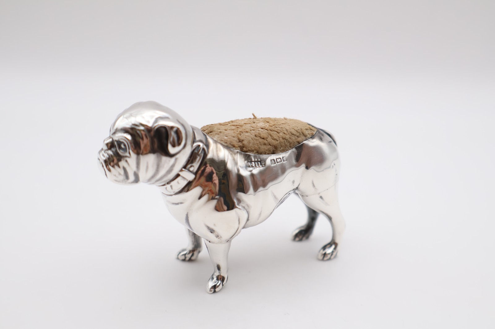 Charming Antique Silver Novelty Bull Dog Pin Cushion Hallmarked Birmingham 1906