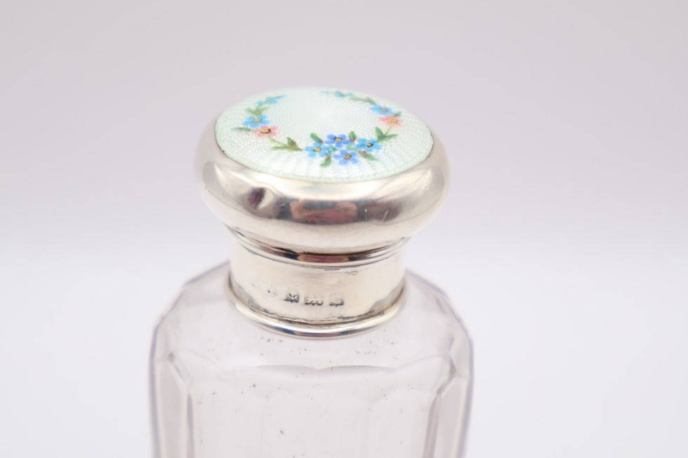 Thumbnail: Antique Silver Floral Guilloche Enamel Topped Glass Jar Birmingham 1927