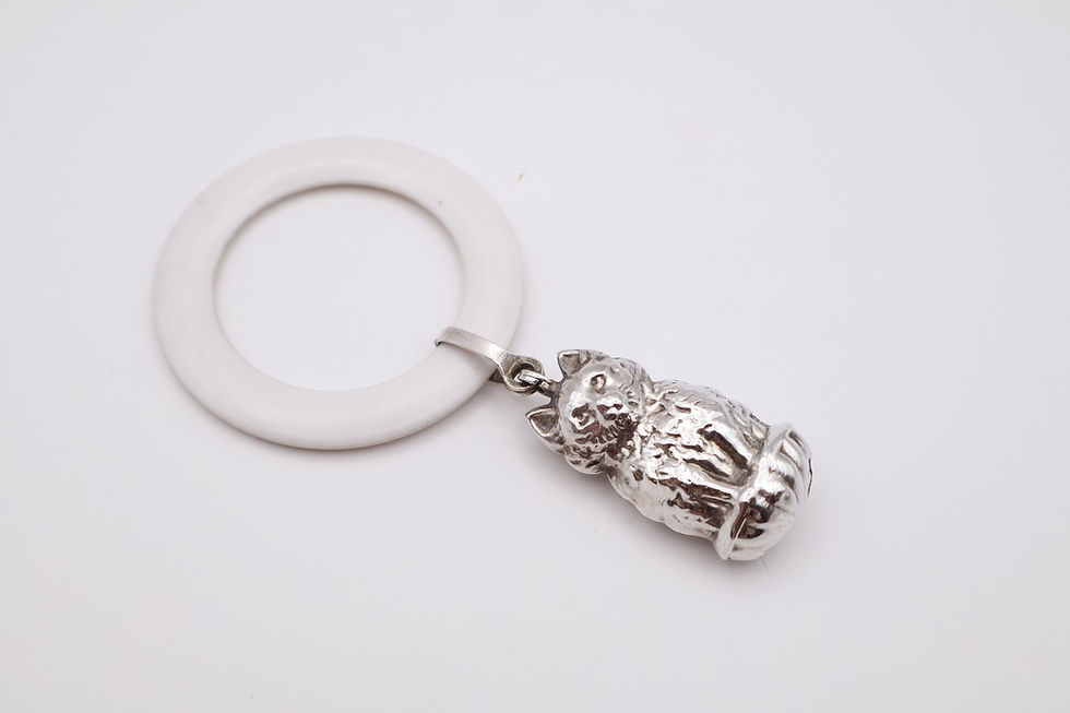 Thumbnail: Vintage Sterling Silver Cat Baby Rattle Hallmarked Birmingham 1959