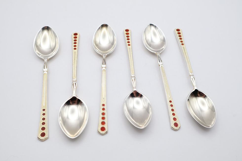 Thumbnail: Lovely Vintage Boxed Sterling Silver Guilloche Enamel Spoons Birmingham 1957