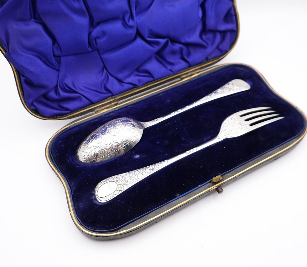 Thumbnail: Antique Boxed Silver Fork & Spoon Christening Set Hallmarked London 1898 / 1899