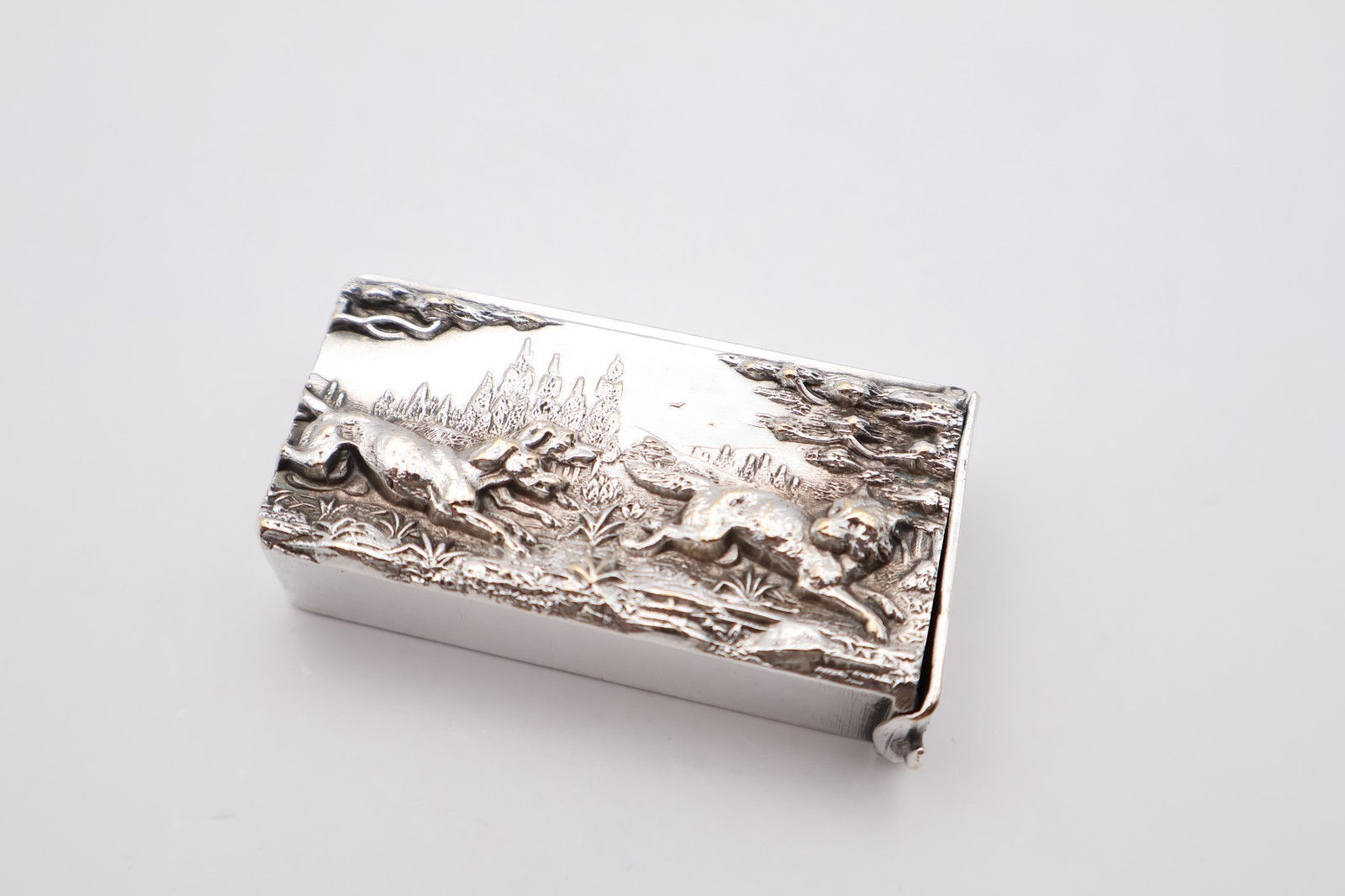 Charming Antique Silver Plate Hunting Vesta Case Box