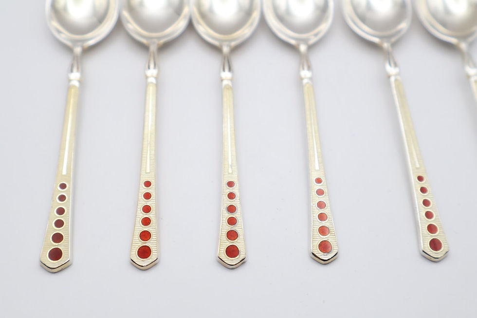 Thumbnail: Lovely Vintage Boxed Sterling Silver Guilloche Enamel Spoons Birmingham 1957