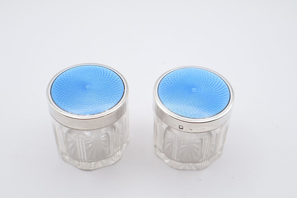Thumbnail: Charming Antique Silver Continental Guilloche Enamel Pair of Glass Jars