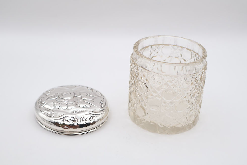 Thumbnail: Antique Silver Topped Cherub Dressing Glass Jar Hallmarked Birmingham 1908