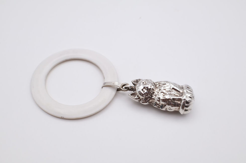 Thumbnail: Vintage Sterling Silver Cat Baby Rattle Hallmarked Birmingham 1959