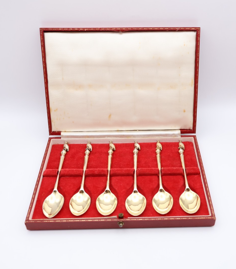 Vintage Boxed Silver Gilt Set of Six Spoon with Bird Finial Birmingham 1973