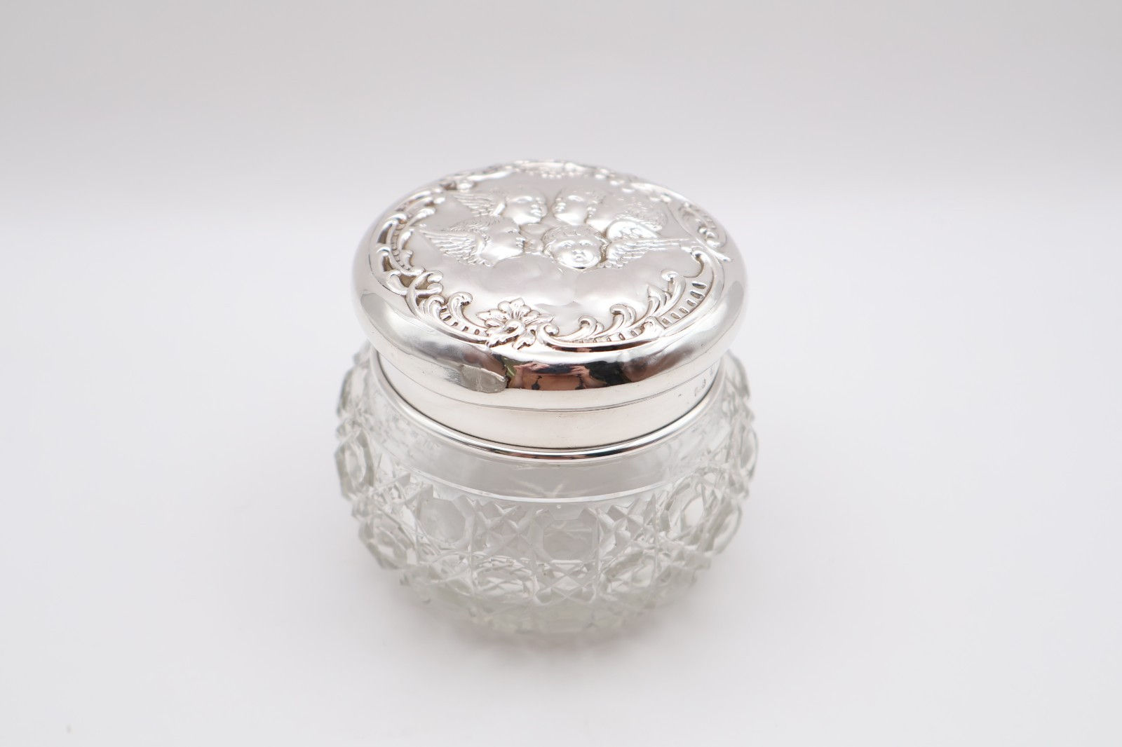 Antique Silver Topped Cherub Dressing Glass Jar Hallmarked Birmingham 1902