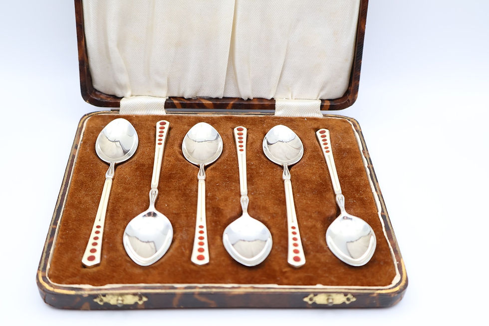 Thumbnail: Lovely Vintage Boxed Sterling Silver Guilloche Enamel Spoons Birmingham 1957