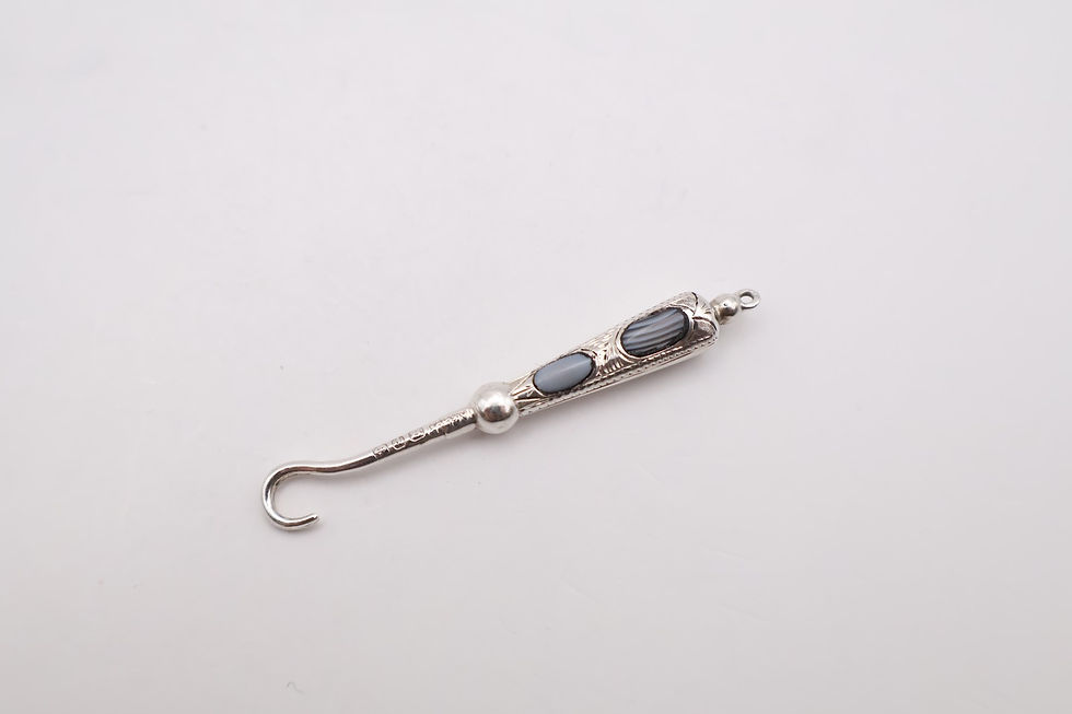 Thumbnail: Antique Sterling Silver & Agate Miniature Button Hook Hallmarked Birmingham 1898
