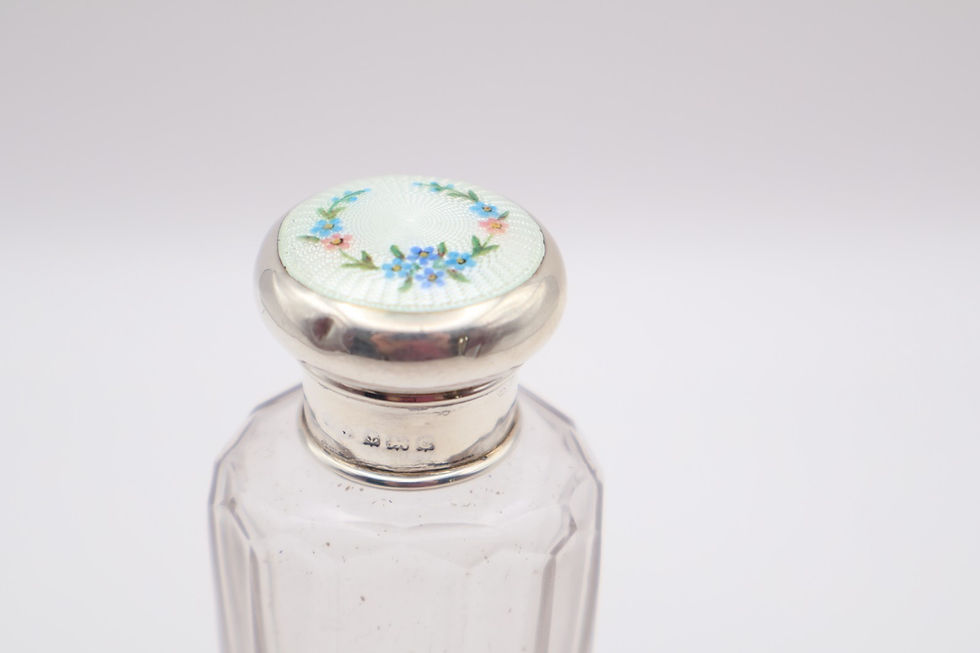 Thumbnail: Antique Silver Floral Guilloche Enamel Topped Glass Jar Birmingham 1927