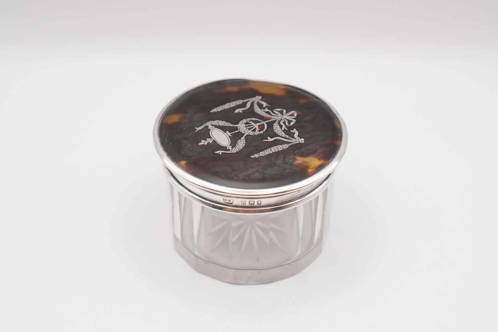 Antique Silver Faux Tortoiseshell Topped Glass Jar Hallmarked London 1921