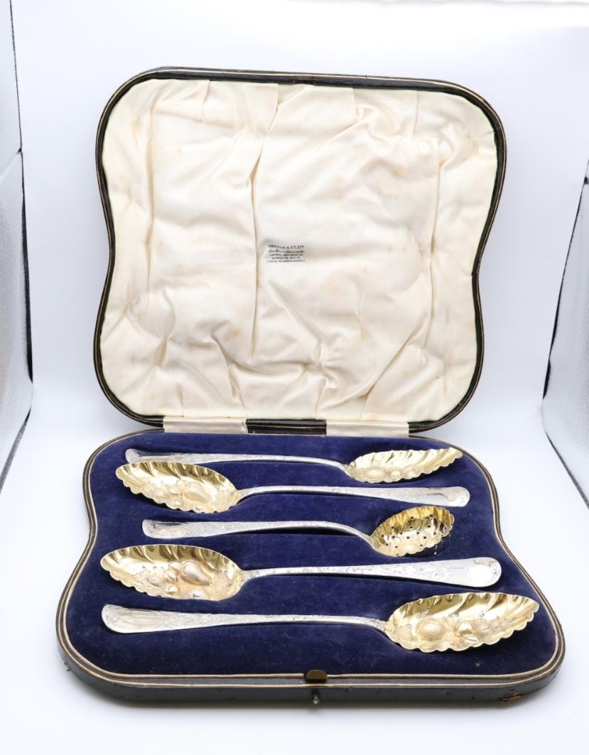 Thumbnail: Fabulous Antique Georgian Boxed Silver Gilt Berry Spoons & Sugar Sifter London