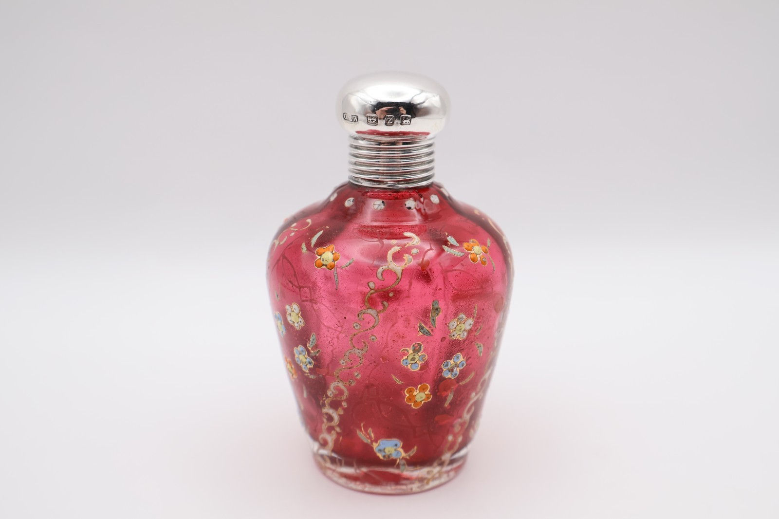 Antique Sterling Silver Topped Painted Scent Bottle Hallmarked Birmingham 1899