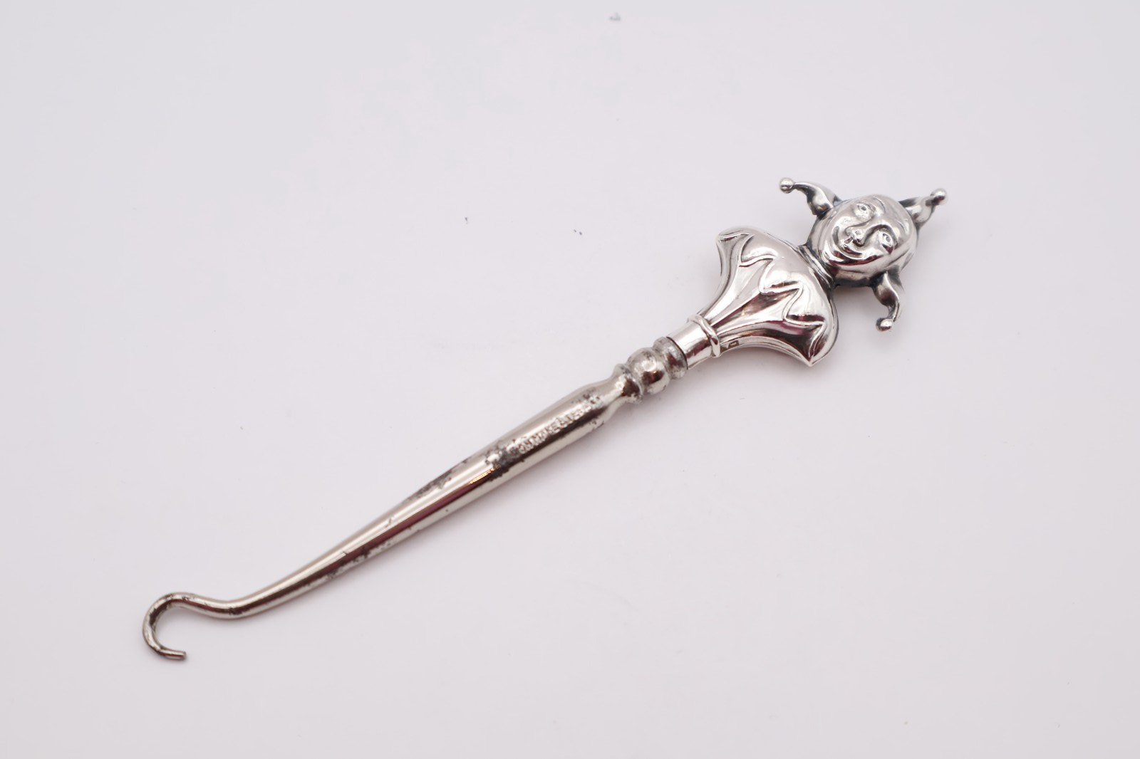 Antique Novelty Silver Handled Jester Button Hook Hallmarked Birmingham 1910