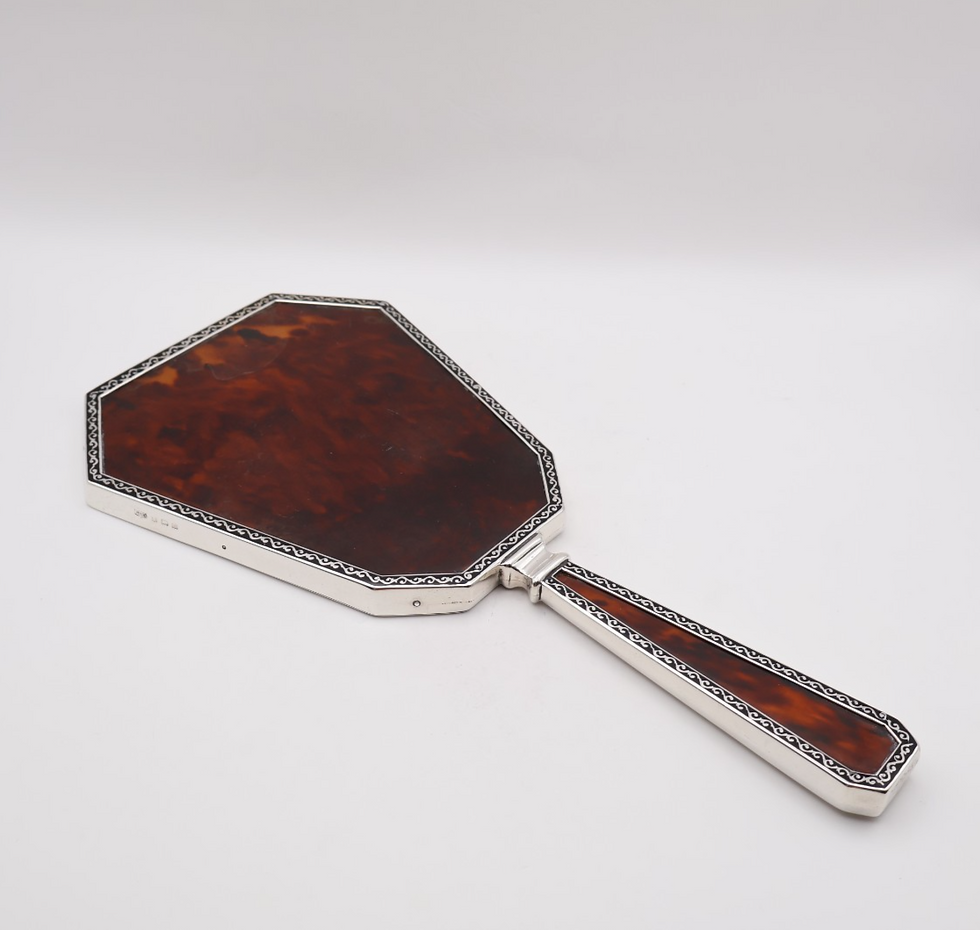 Thumbnail: Antique Silver & Enamel Faux Blonde Tortoiseshell Hand Mirror Birmingham 1927