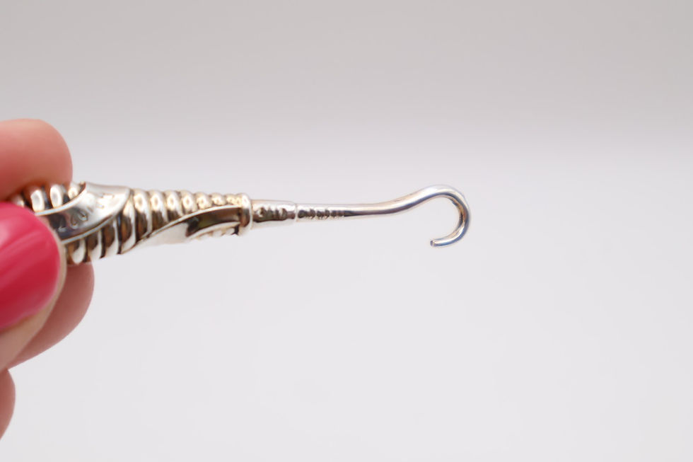 Thumbnail: Charming Antique Silver & Agate Chatelain Button Hook Hallmarked Birmingham 1894