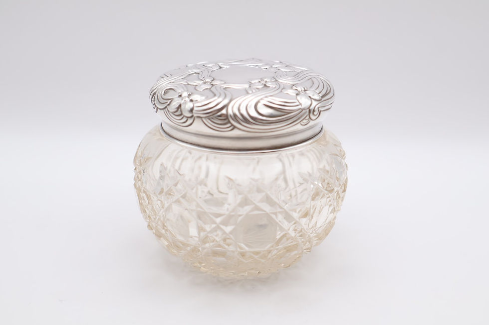 Thumbnail: Lovely Antique Silver Topped Glass Dressing Jar Hallmarked Birmingham 1900