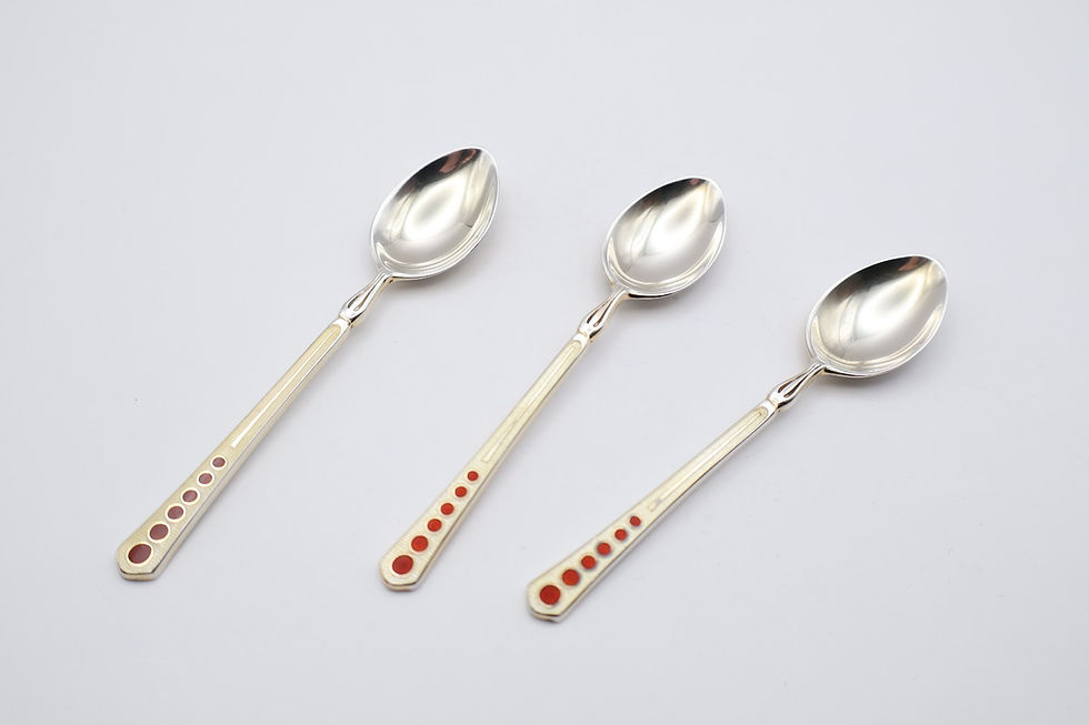 Thumbnail: Lovely Vintage Boxed Sterling Silver Guilloche Enamel Spoons Birmingham 1957