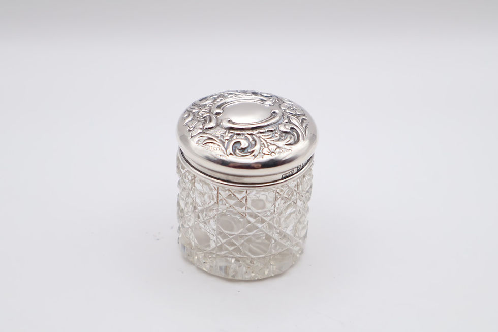 Thumbnail: Antique Sterling Silver Topped Miniature Glass Jar Hallmarked Birmingham 1900