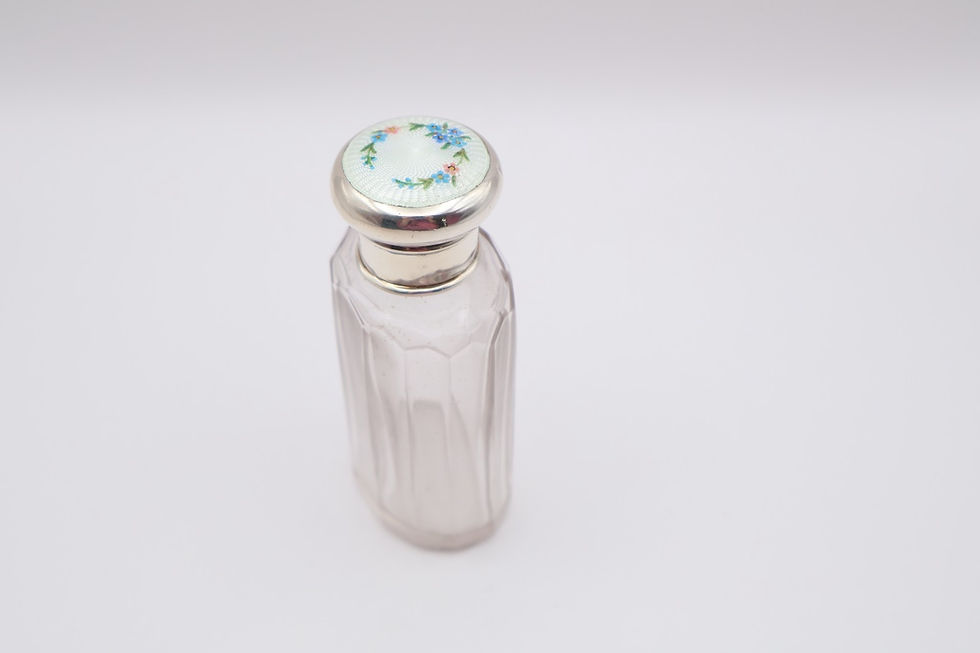 Thumbnail: Antique Silver Floral Guilloche Enamel Topped Glass Jar Birmingham 1927