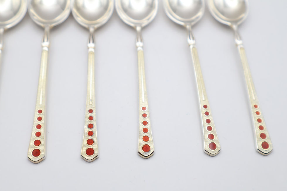 Thumbnail: Lovely Vintage Boxed Sterling Silver Guilloche Enamel Spoons Birmingham 1957