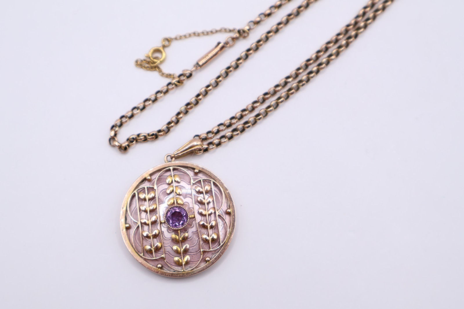 Stunning Antique 9ct Gold Guilloche Enamel Amethyst Pendant on 9ct Chain