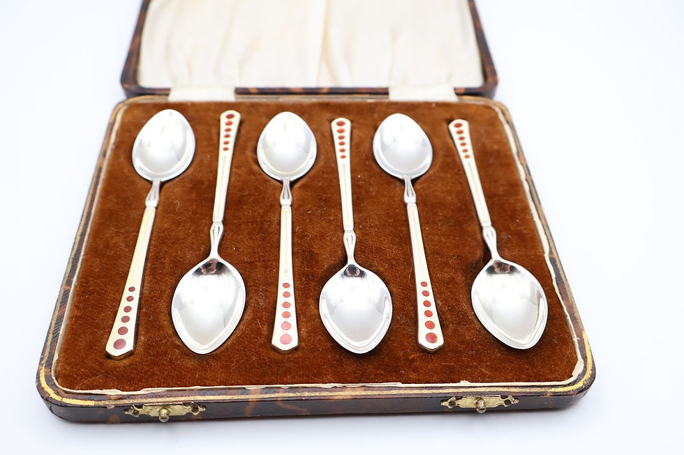 Thumbnail: Lovely Vintage Boxed Sterling Silver Guilloche Enamel Spoons Birmingham 1957