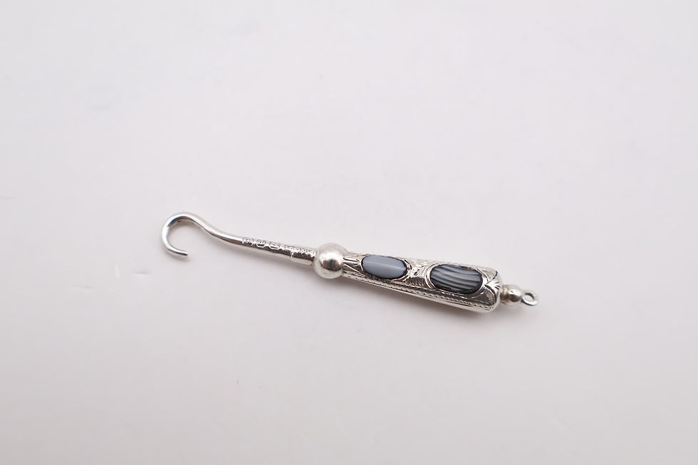 Thumbnail: Antique Sterling Silver & Agate Miniature Button Hook Hallmarked Birmingham 1898