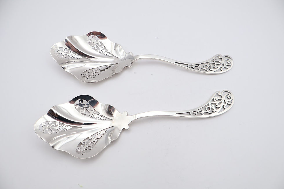 Thumbnail: Fine Antique Sterling Silver Pair of Punched Serving Spoons Sheffield 1902