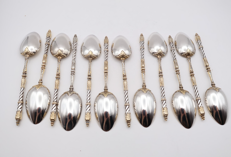 Thumbnail: Antique Boxed Continental Silver Gilt Teaspoons & Sugar Tongs Circa 1900