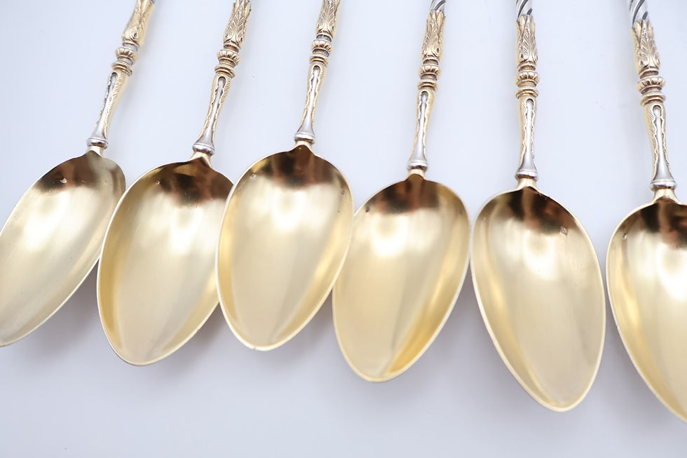 Thumbnail: Antique Boxed Continental Silver Gilt Teaspoons & Sugar Tongs Circa 1900