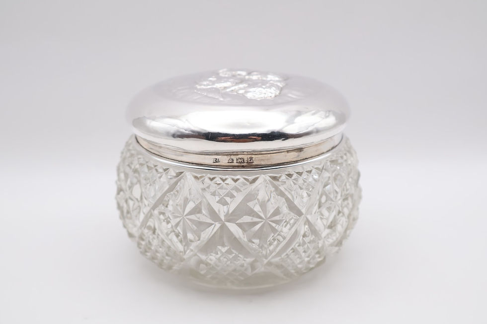 Thumbnail: Large Antique Silver Topped Cherub Glass Dressing Jar Hallmarked Birmingham 1905