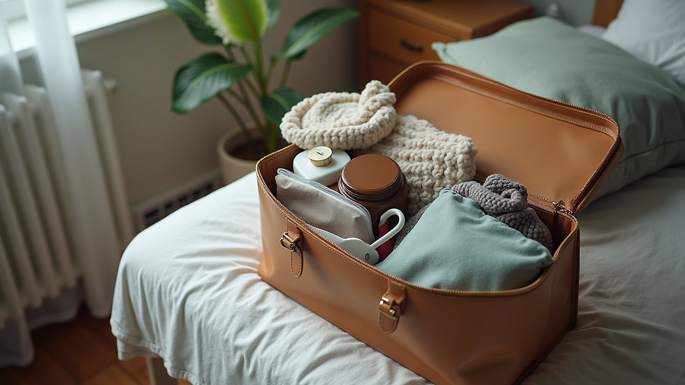High angle view of a caregiver’s bag packed and ready for a home visit