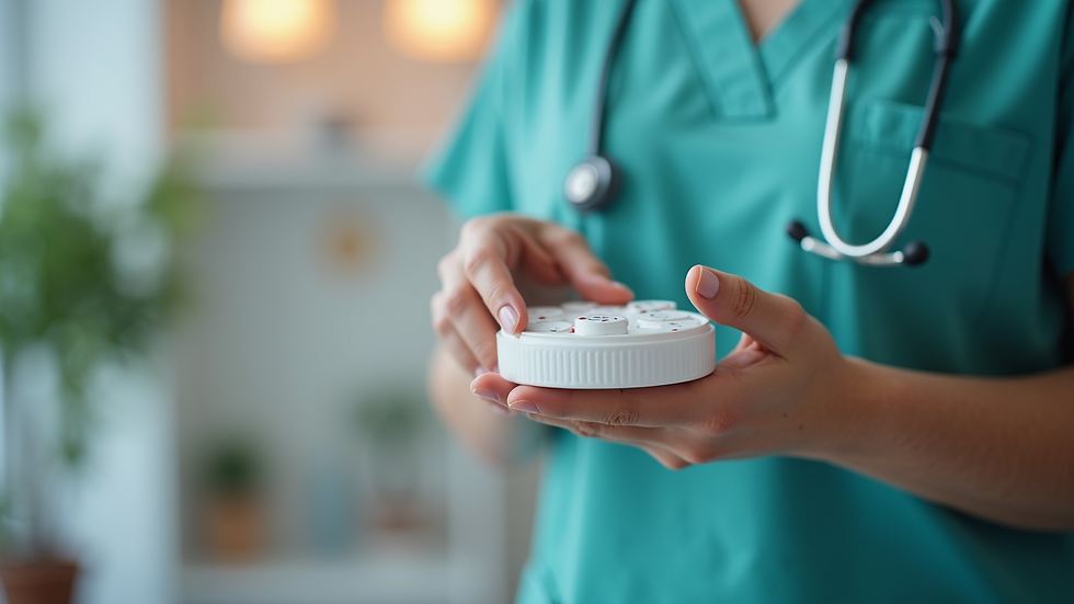 Close-up view of a caregiver’s hand gently holding a medication organizer