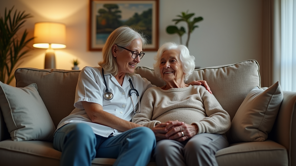Eye-level view of a cozy living room with a caregiver and senior sitting together