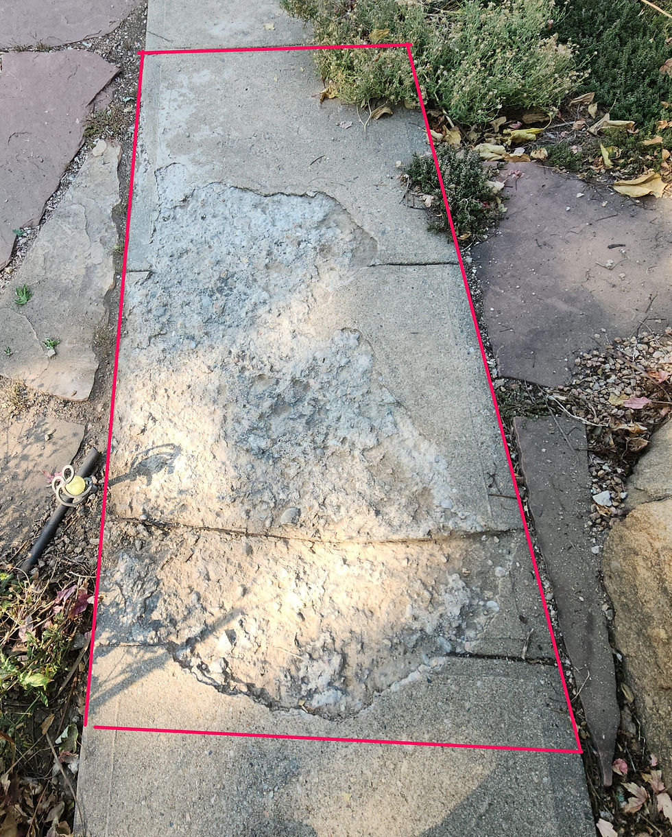 sidewalk with major deterioration. Photo before sidewalk removal project completed.