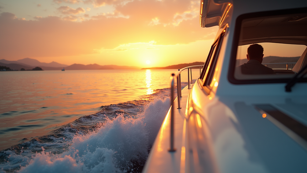 Eye-level view of a luxury boat cruising on calm waters during sunset
