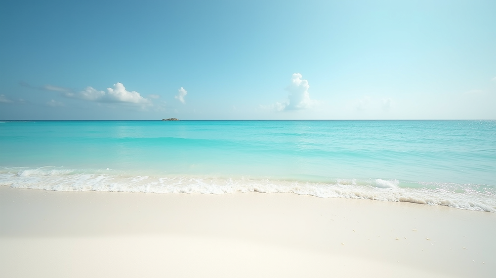 Wide angle view of white sandy beach with calm turquoise water