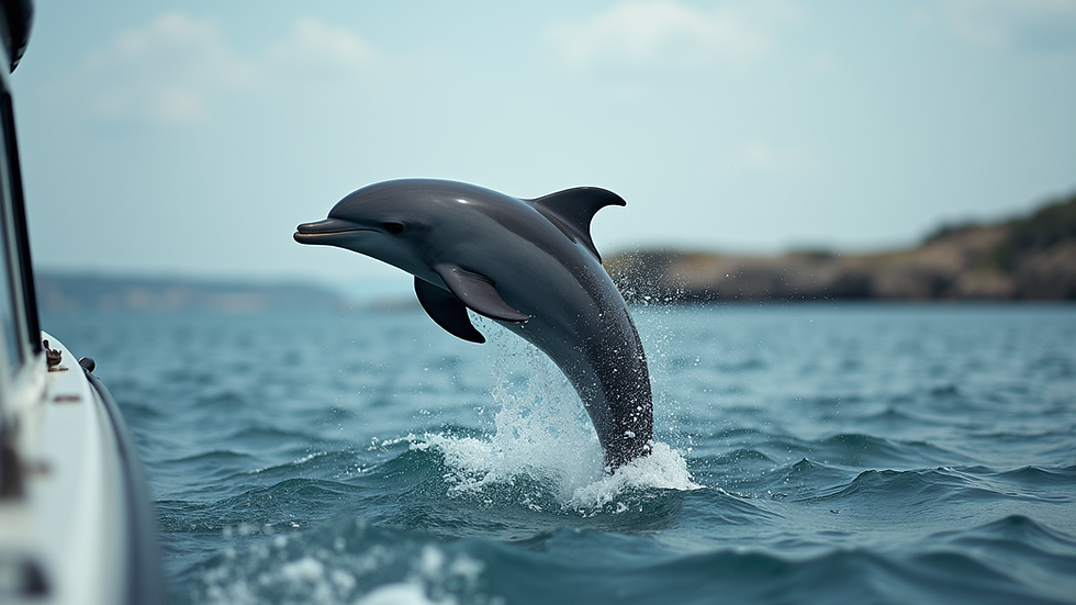 Close-up view of a dolphin jumping out of the water near a boat