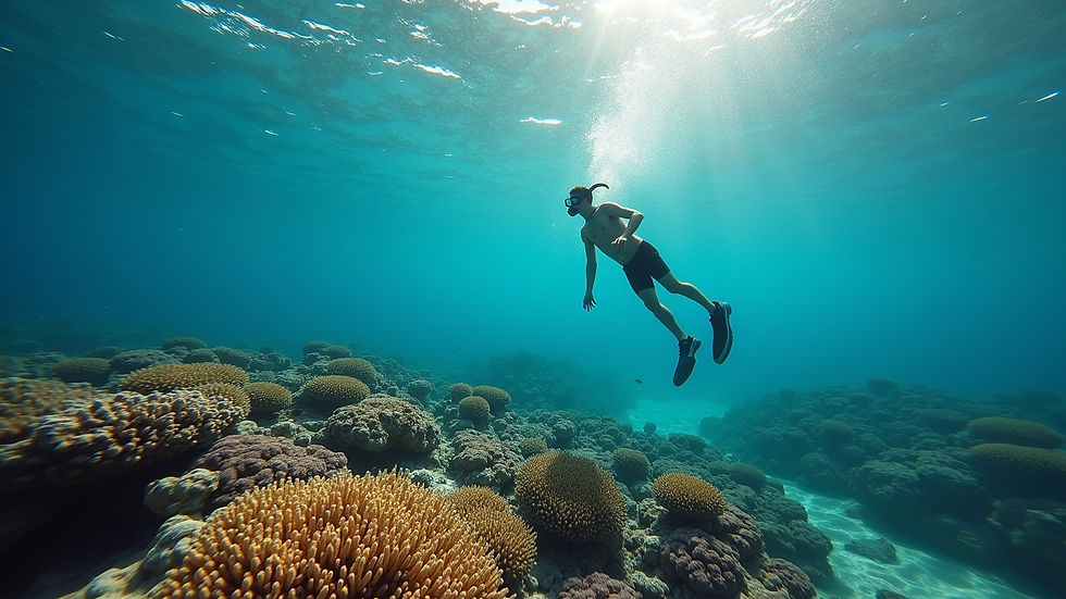 High angle view of a snorkeler exploring coral reefs in clear Florida waters