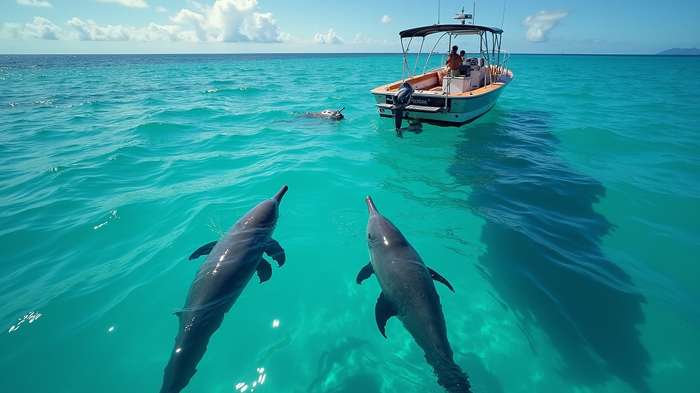 Eye-level view of a small boat on clear blue water with dolphins swimming nearby