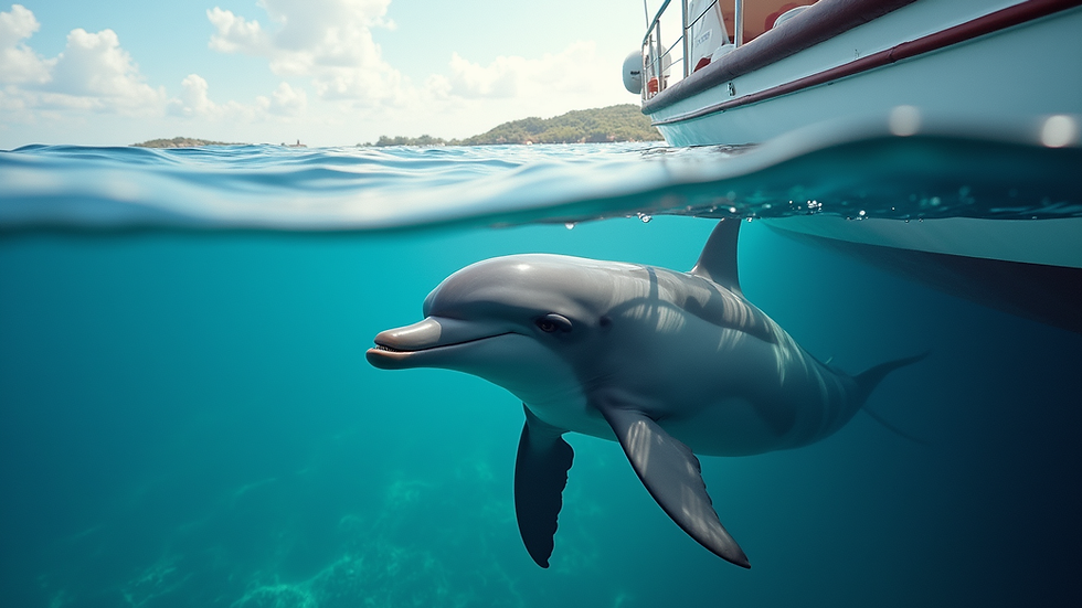 Close-up view of dolphins swimming near a boat in clear water