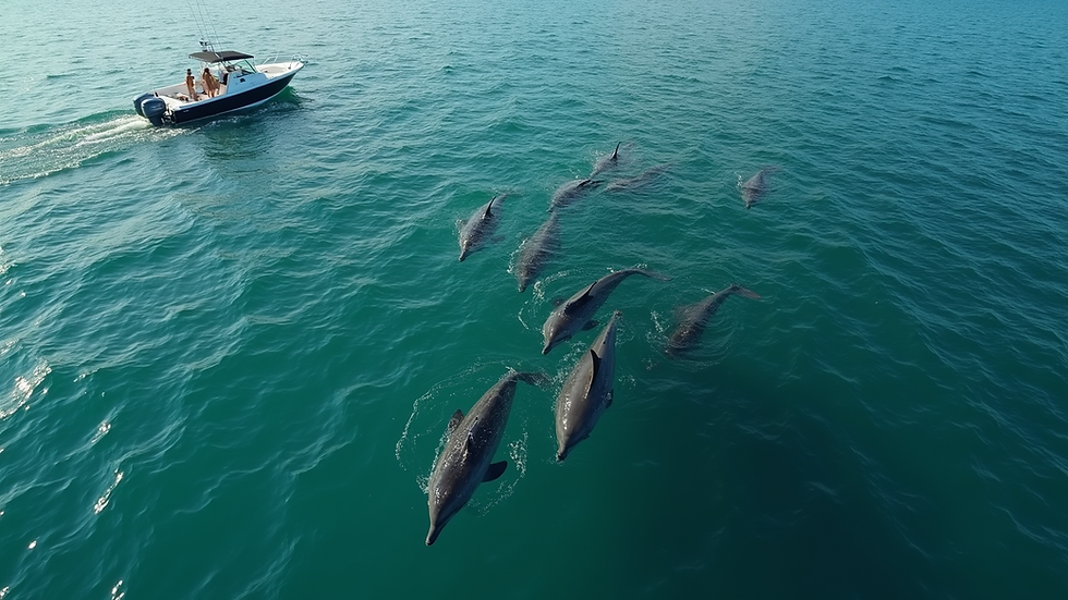 High angle view of a small boat near a pod of wild dolphins in Florida waters