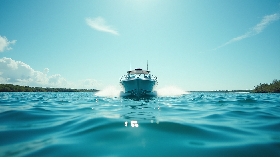 Eye-level view of a small boat cruising on calm blue waters near the Florida coast