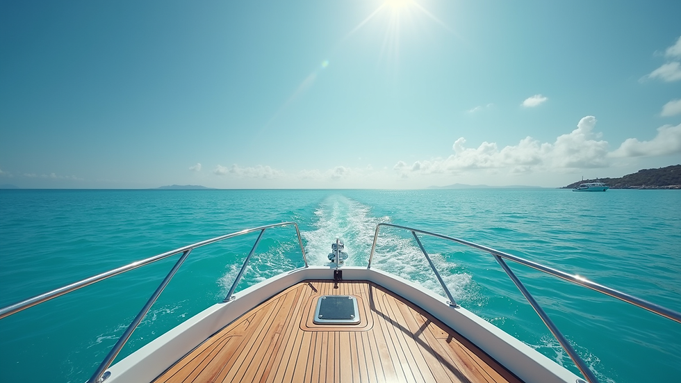 Eye-level view of a luxury boat cruising on clear blue water